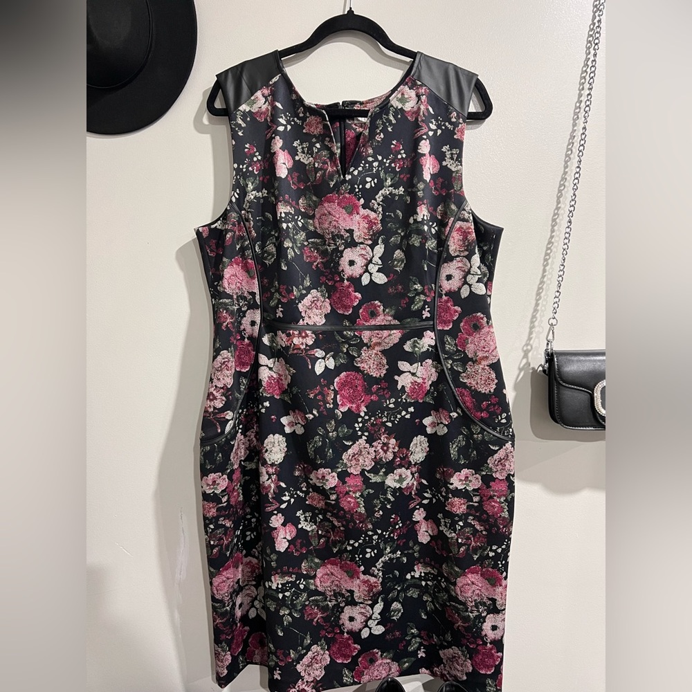Sleeveless Black Floral Sheath Dress with Pink Blossoms